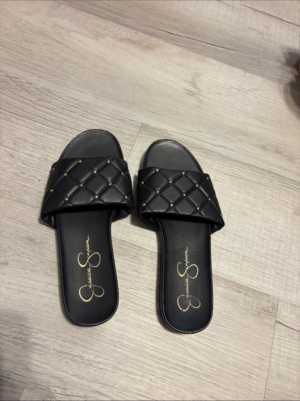 Jessica Simpson Black Quilted Slide Sandals with Gold Studs